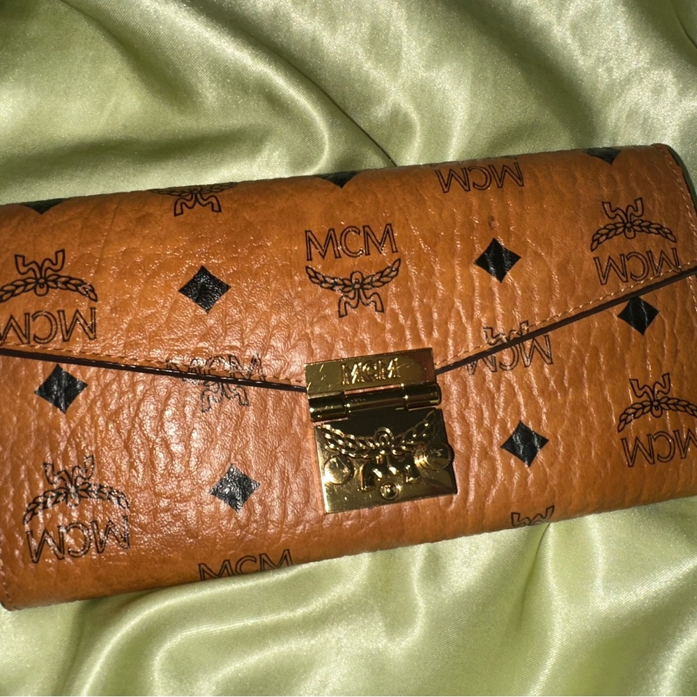 MCM Cognac Leather Clutch with Gold Hardware